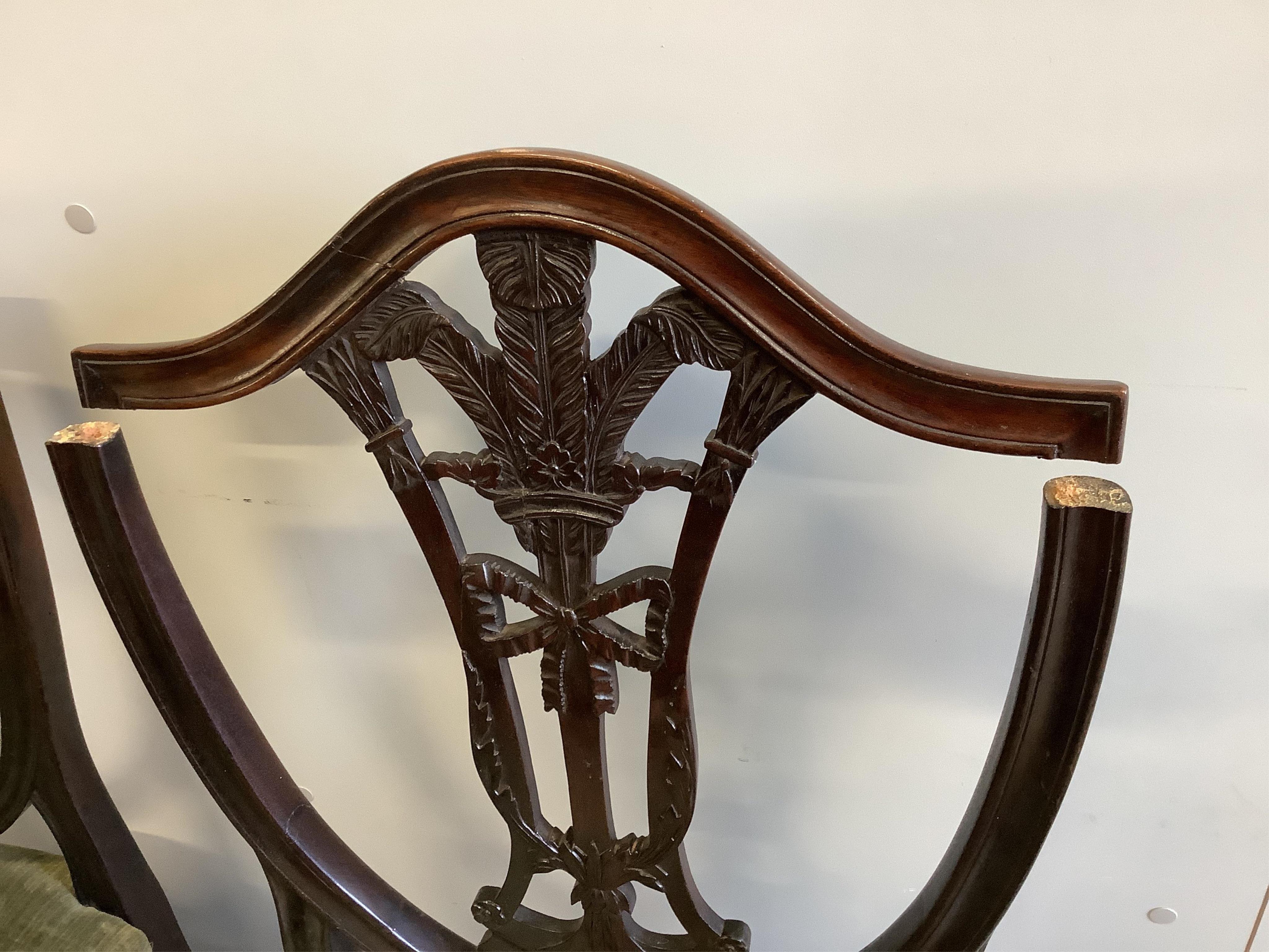 Two Hepplewhite period mahogany dining chairs, a 19th century Sheraton design elbow chair, a pair of side chairs and a further chair (6). Condition - fair (one poor)